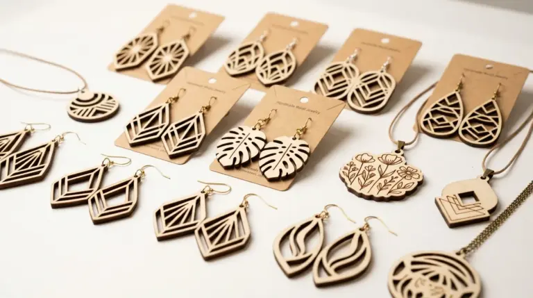 Assorted laser cut wood earrings and pendants made from 3mm basswood, displayed on a workshop table with findings and a Crafteker basswood sheet