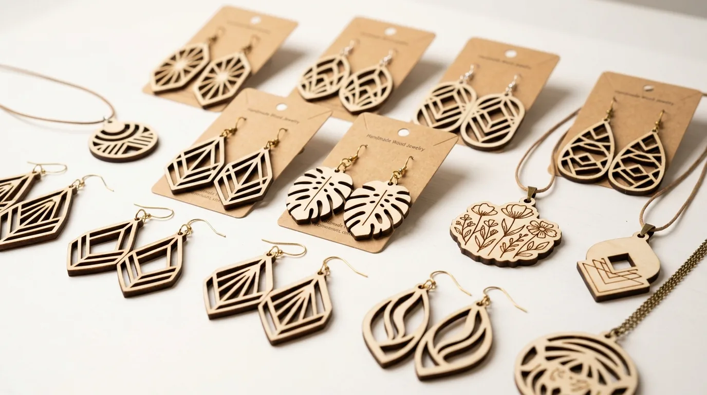 Assorted laser cut wood earrings and pendants made from 3mm basswood, displayed on a workshop table with findings and a Crafteker basswood sheet