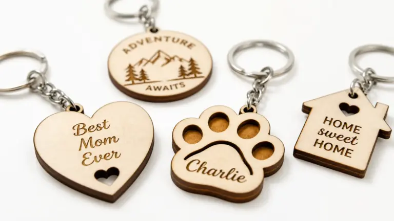 Finished laser cut keychains made from 3mm basswood, displayed on workshop table with laser engraver in background