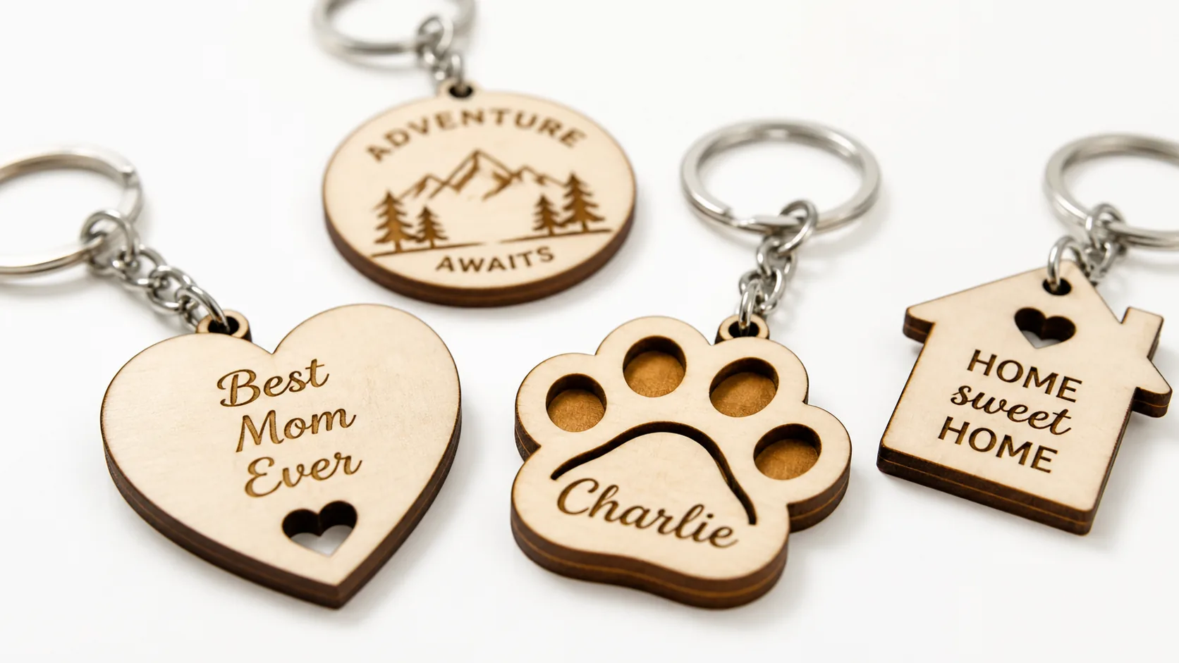 Finished laser cut keychains made from 3mm basswood, displayed on workshop table with laser engraver in background
