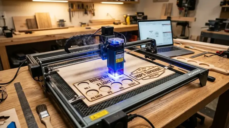 Personalized laser-engraved beer flight board with 'Dad' and craft beer style names on 3mm basswood, sitting on workshop table next to laser engraver