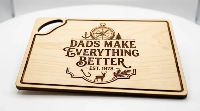 Finished laser-engraved cutting board made from 3mm basswood with personalized Father's Day design on workshop table