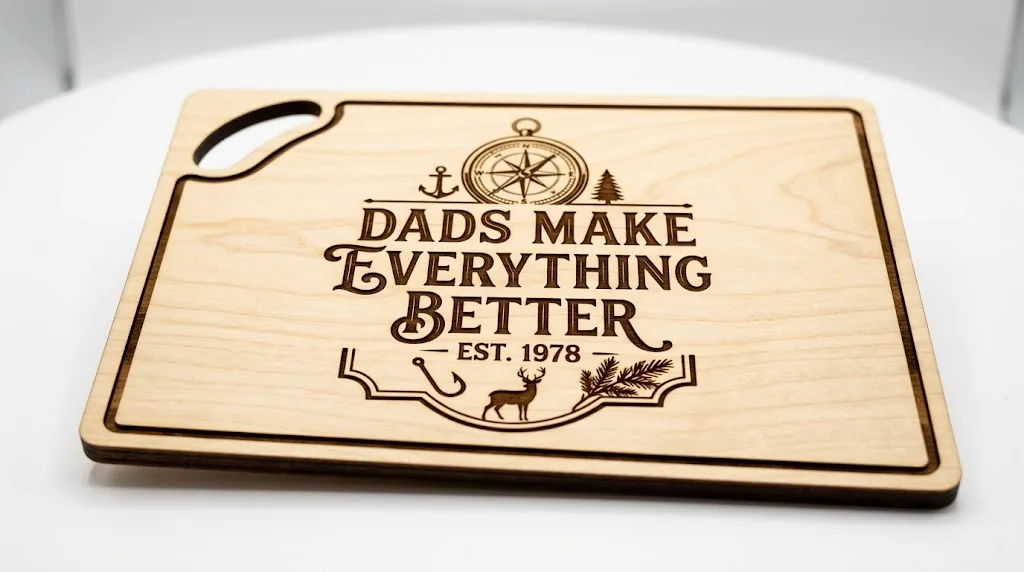 Finished laser-engraved cutting board made from 3mm basswood with personalized Father's Day design on workshop table
