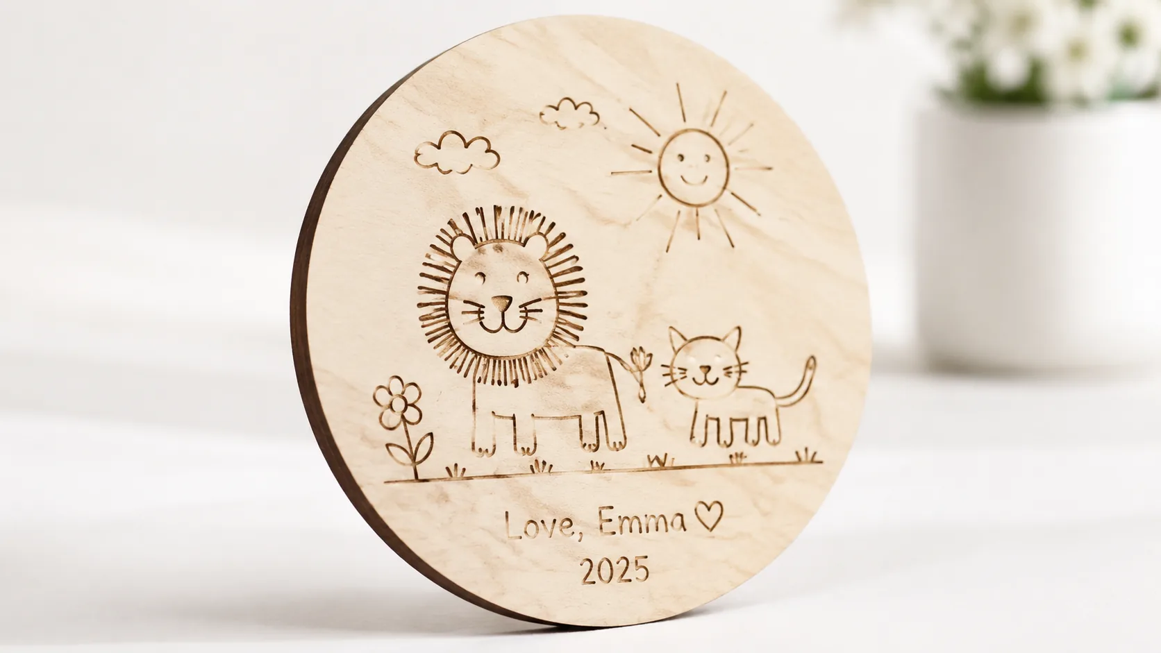 Laser-engraved kids drawing keepsake made from 3mm basswood, displayed on workshop table