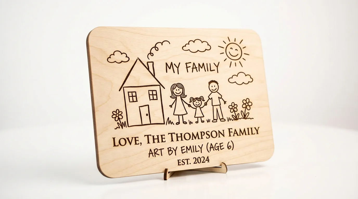 Finished laser-engraved kids drawing keepsake on 3mm basswood displayed on white wall