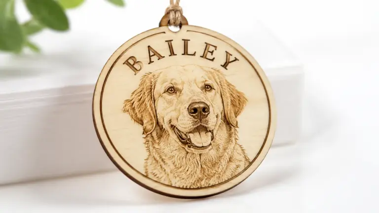 Finished laser-cut pet portrait ornament made from 3mm basswood, displayed on workshop table with personalized name and dog photo