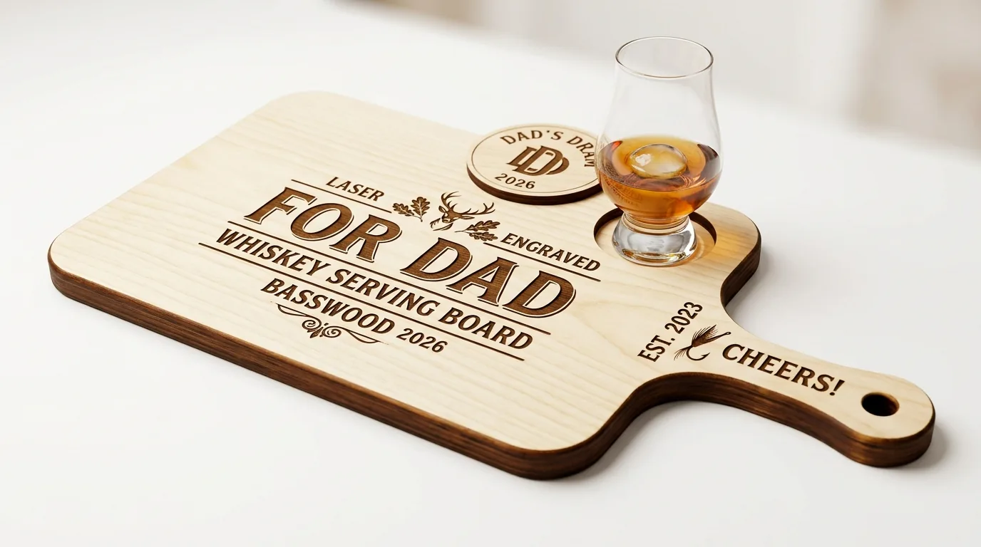 Laser engraved whiskey serving board made from 3mm basswood with personalized dad text and whiskey glass markings