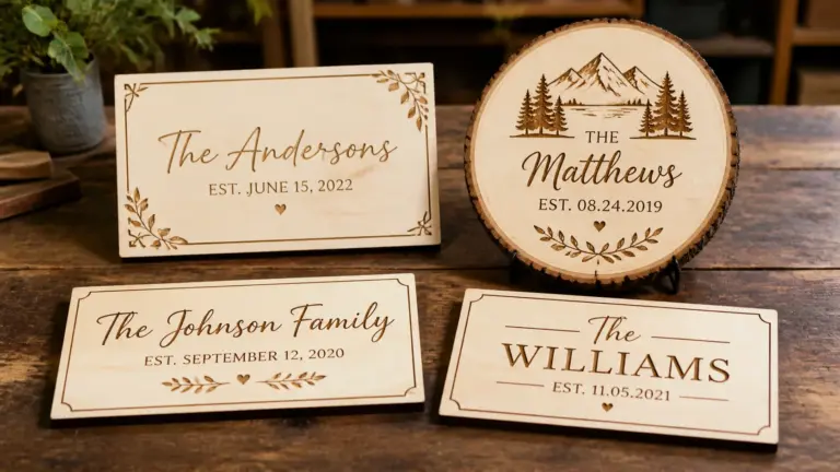 Laser-cut wooden signs made from 3mm basswood, displayed on a workshop table with finished personalized plaques and rustic live edge pieces
