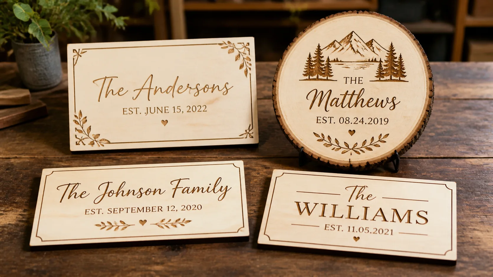 Laser-cut wooden signs made from 3mm basswood, displayed on a workshop table with finished personalized plaques and rustic live edge pieces