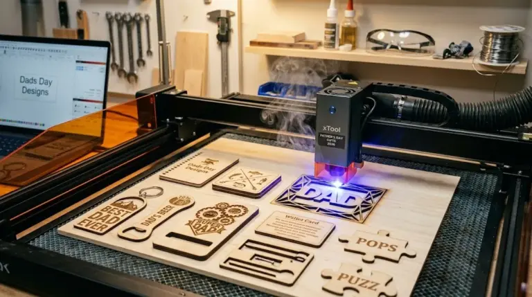 Ten personalized Father's Day laser-cut gifts made from 3mm basswood sheets, including phone stand, bottle opener, BBQ sign, wallet card, and coasters arranged on wood table