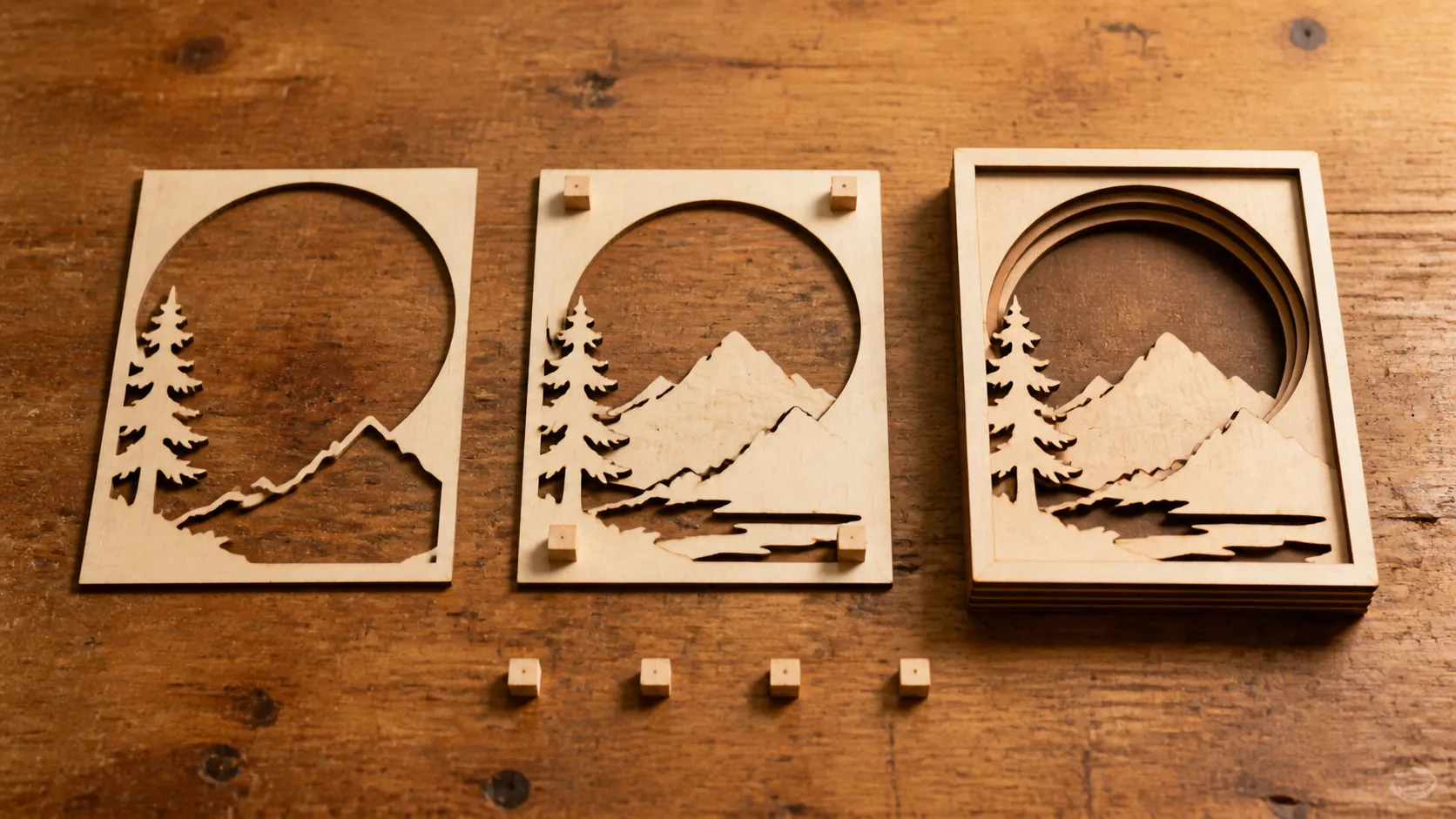 Layered basswood wall art assembly — three laser-cut wood layers and wooden spacers on workshop table