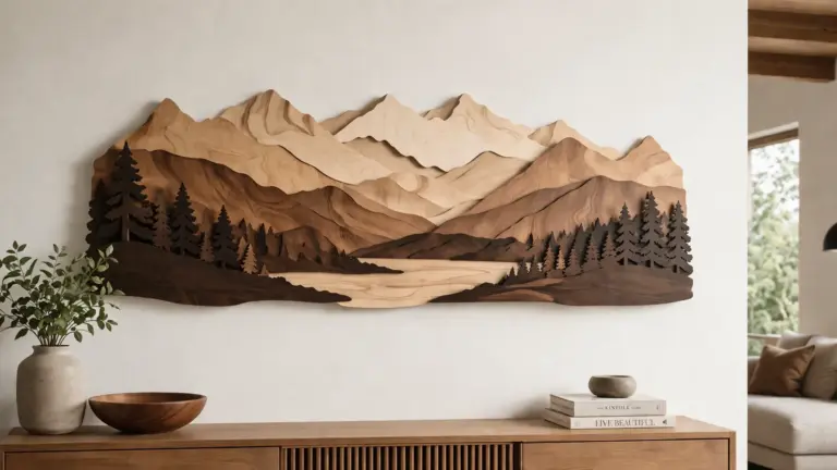 Layered wood wall art with mountain landscape — three 3mm basswood layers creating dimensional shadow effect on white wall