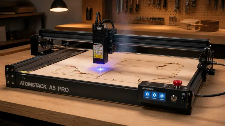 Atomstack A5 Pro laser engraver cutting 3mm basswood sheet on workshop table