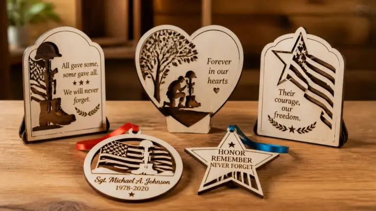 Finished laser-cut memorial plaques and ornaments made from 3mm basswood, displayed on a wooden table with patriotic ribbon