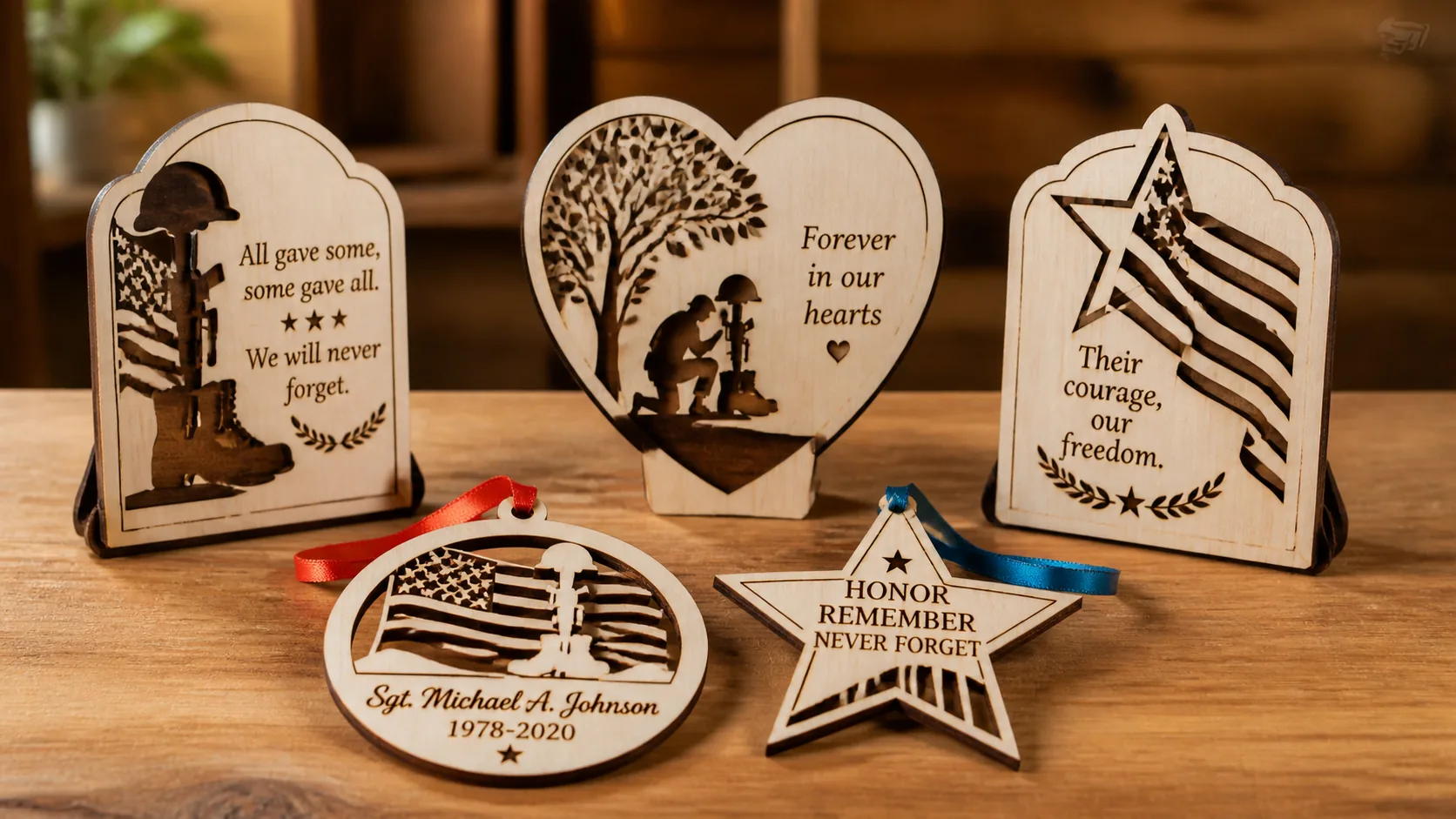 Finished laser-cut memorial plaques and ornaments made from 3mm basswood, displayed on a wooden table with patriotic ribbon