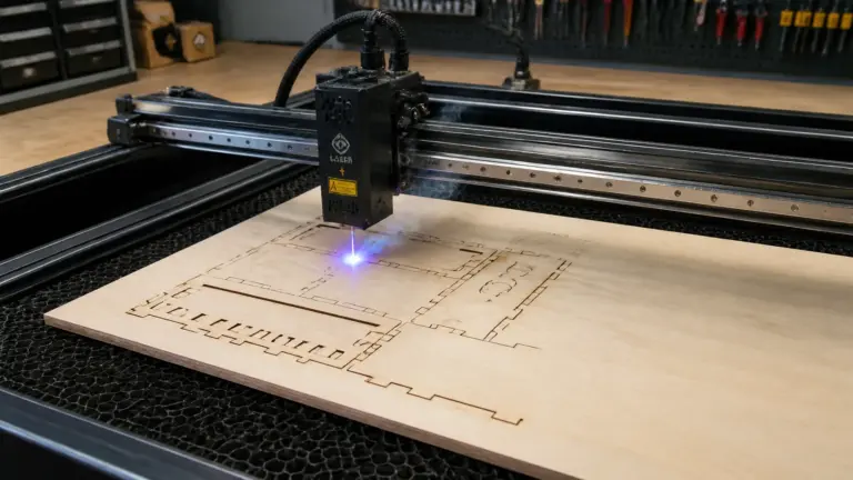 Laser engraver cutting 3mm basswood sheet for a Mother's Day charcuterie board on a clean workshop table