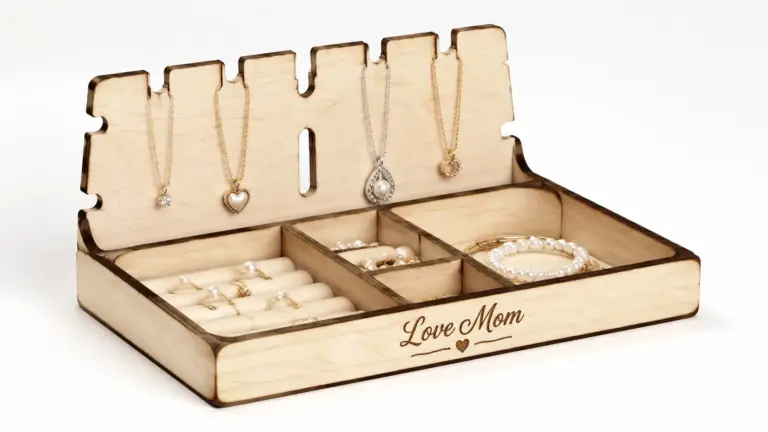 Finished laser-cut jewelry organizer made from 3mm basswood, displayed on a workshop table with personalized engraving