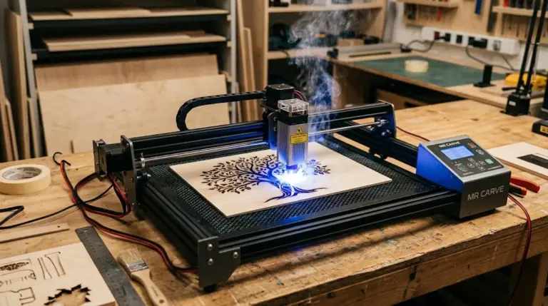 Mr Carve laser engraver cutting 3mm basswood sheet with clean kerf and minimal char