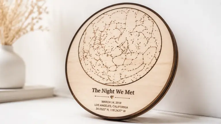 Laser-engraved night sky star map on 3mm basswood sheet displayed on workshop table, showing constellation detail and dark engrave marks
