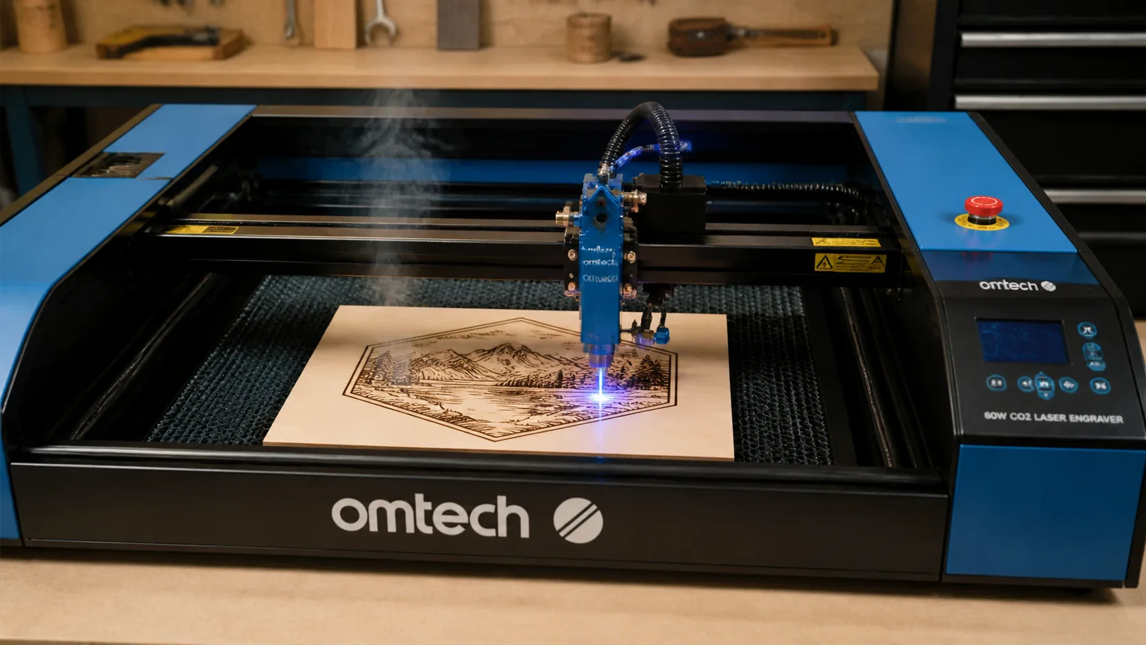 OMTech 60W laser engraver cutting 3mm basswood sheet on workshop table