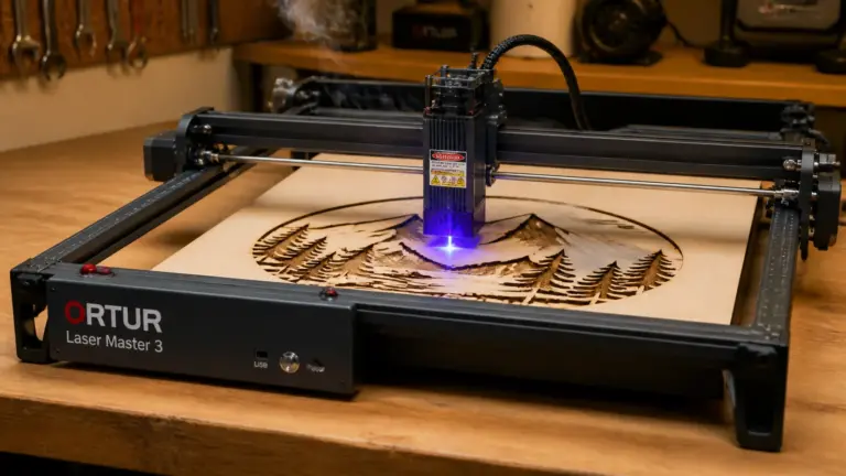 Ortur Laser Master 3 laser engraver cutting 3mm basswood sheet on workshop table