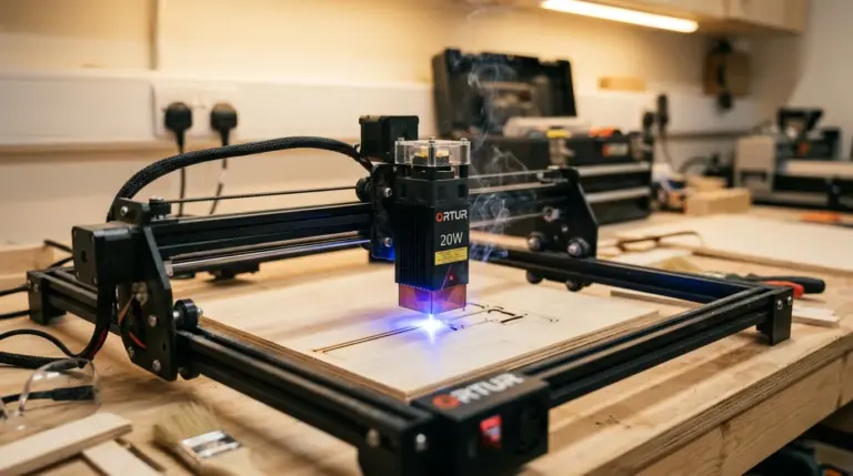 Ortur Laser Master 4 laser engraver cutting 3mm basswood sheet with air assist nozzle visible