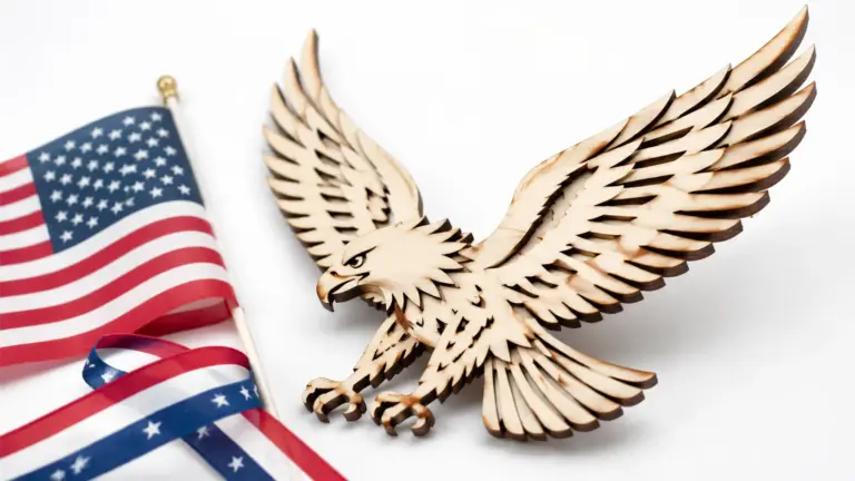 Laser-cut patriotic eagle made from 3mm basswood, displayed on workshop table with red, white, and blue patriotic elements