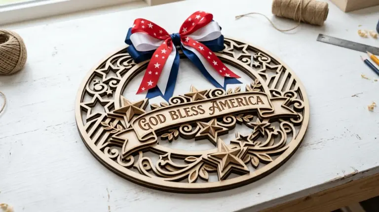 Laser cut patriotic wreath made from 3mm basswood with red white blue ribbon on workshop table