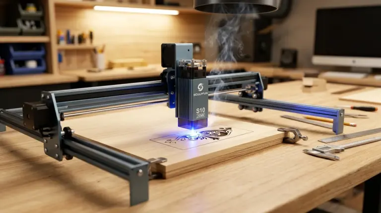 Sculpfun S10 laser engraver cutting 3mm basswood sheet with air assist