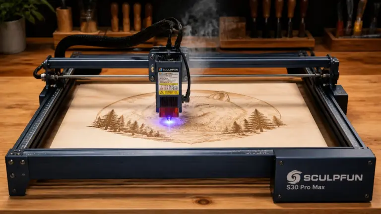 Sculpfun S30 Pro Max laser engraver cutting 3mm basswood sheet on workshop table