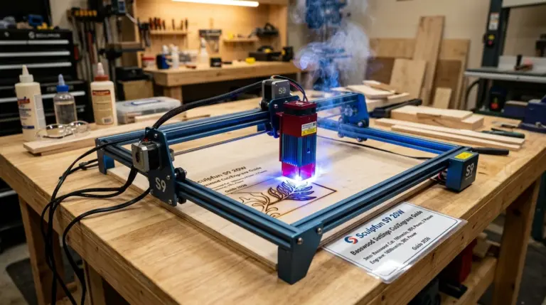 Sculpfun S9 laser engraver cutting 3mm basswood sheet with air assist nozzle visible