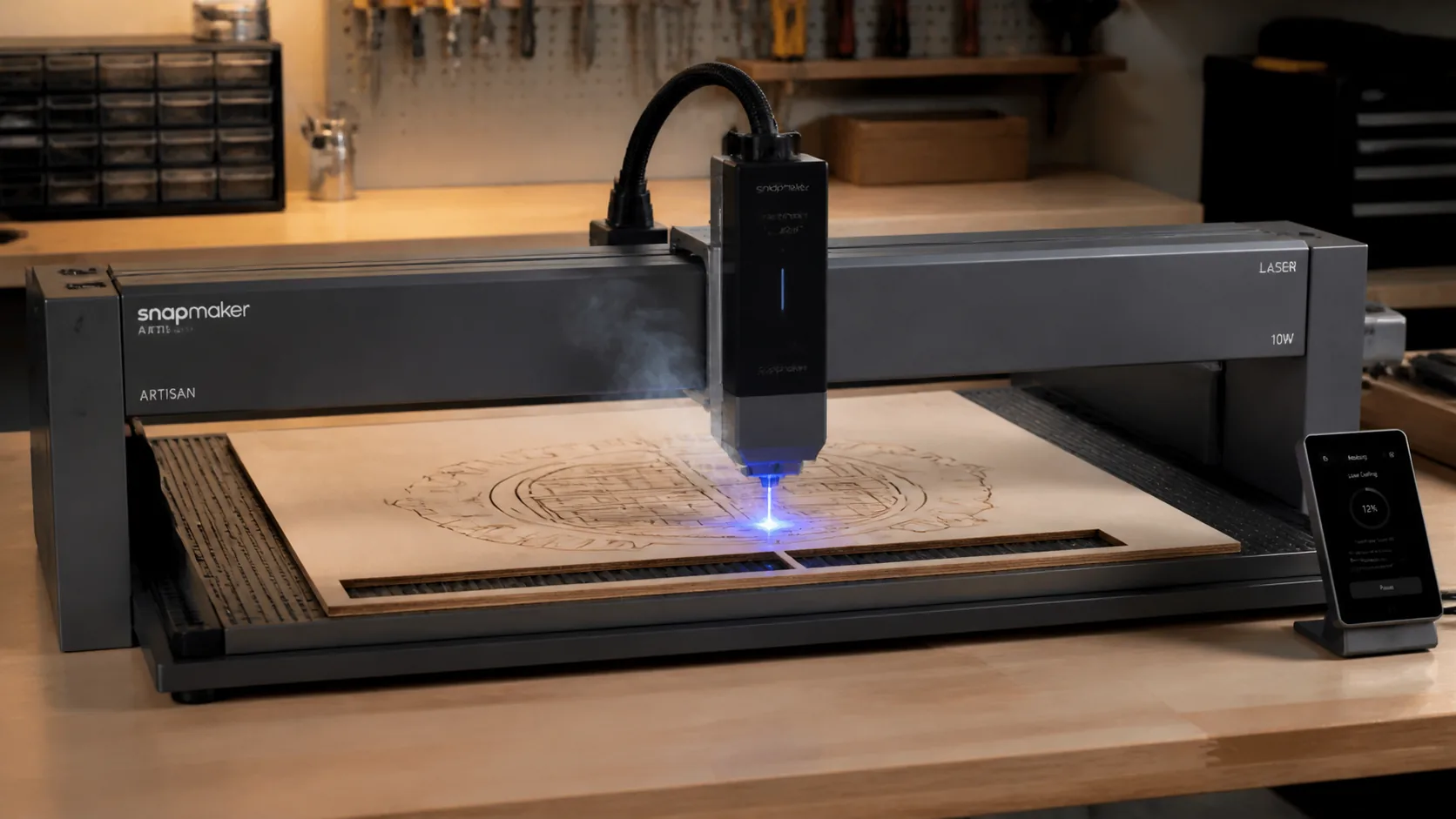 Snapmaker Artisan laser engraver cutting 3mm basswood sheet on workshop table