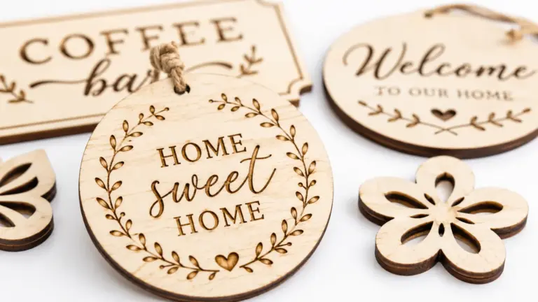 Laser-cut basswood signs and ornaments displayed on a clean workshop table, pale cream wood faces with dark brown laser-cut edges