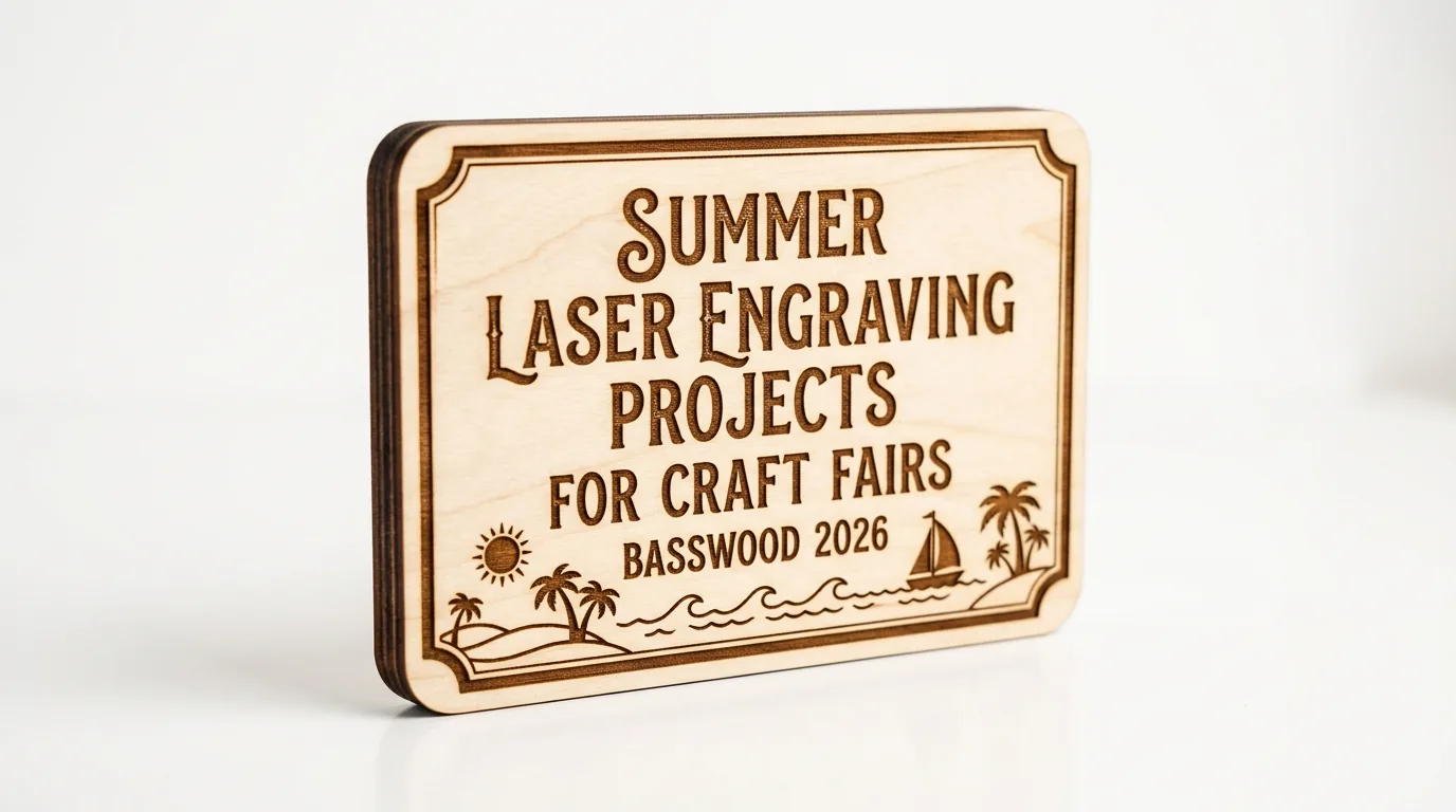 Assorted summer laser cut projects from 3mm basswood including personalized coasters, keychains, and bookmarks on workshop table