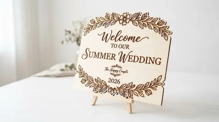 Personalized laser-cut wedding welcome sign made from 3mm basswood on workshop table