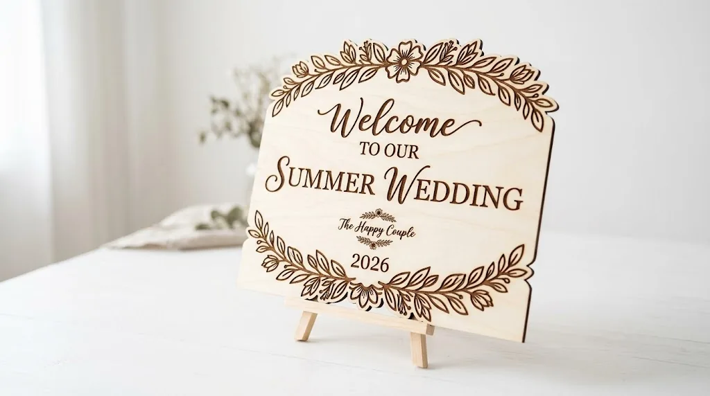 Personalized laser-cut wedding welcome sign made from 3mm basswood on workshop table