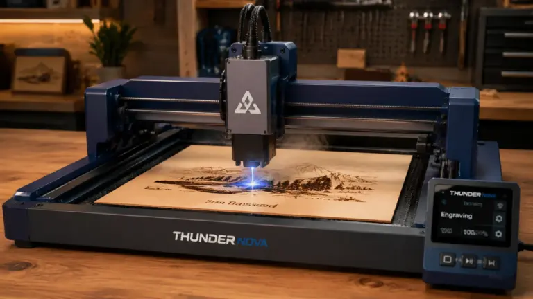 Thunder Nova laser engraver cutting 3mm basswood sheet on workshop table
