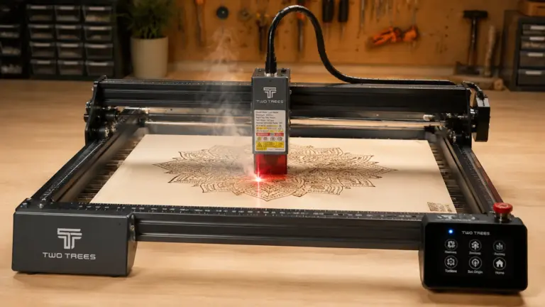 TwoTrees laser engraver cutting 3mm basswood sheet on workshop table