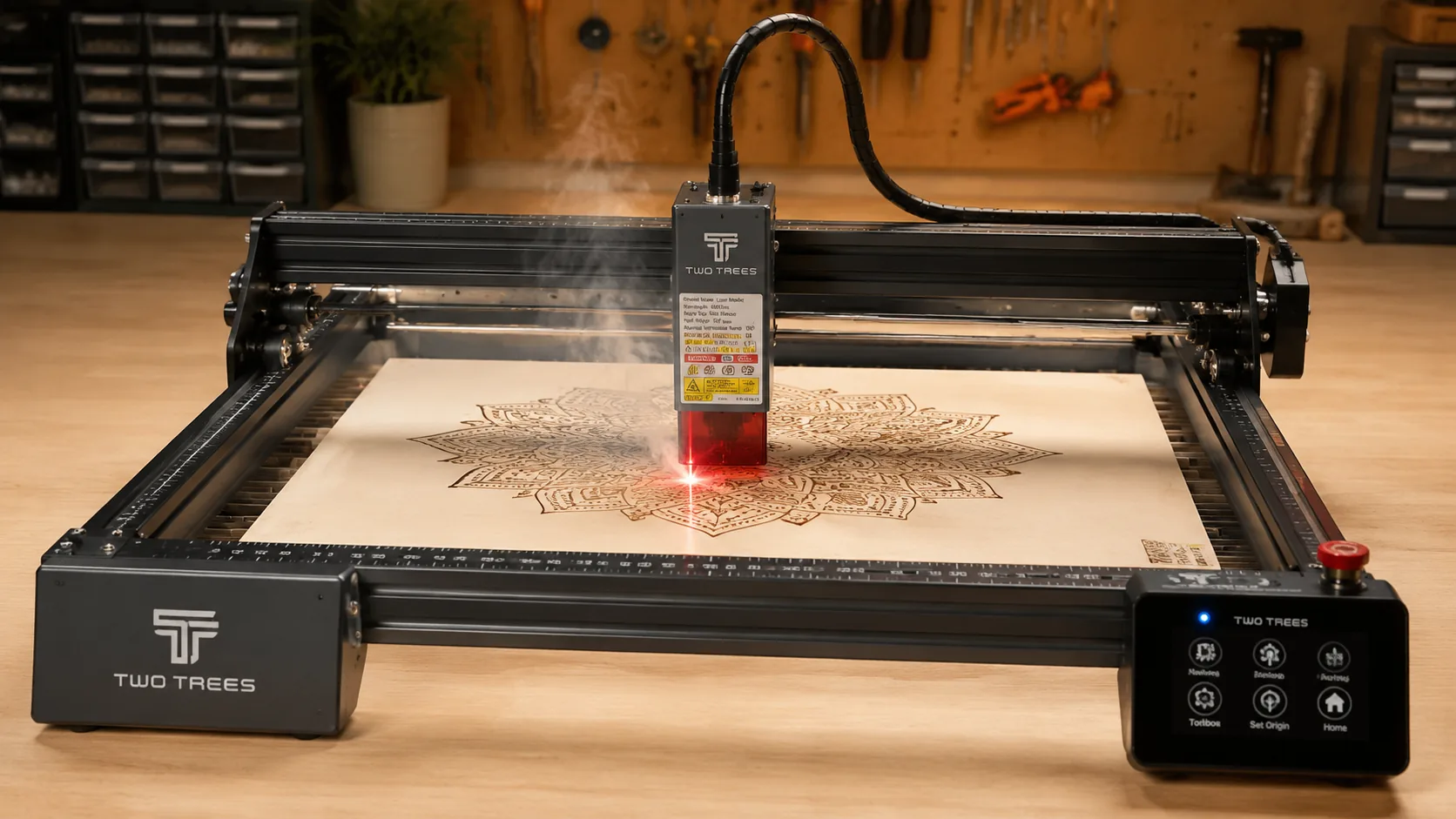 TwoTrees laser engraver cutting 3mm basswood sheet on workshop table