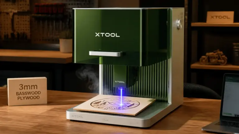 xTool F1 laser engraver cutting 3mm basswood sheet on workshop table