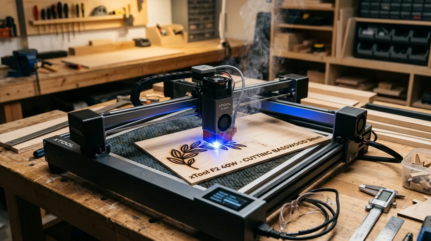 xTool F2 40W laser engraver cutting 3mm basswood sheet