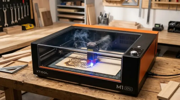 xTool M1 laser engraver cutting 3mm basswood sheet with visible laser beam