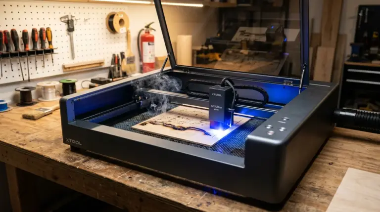 xTool M1 Ultra laser engraver cutting 3mm basswood sheet on cutting bed