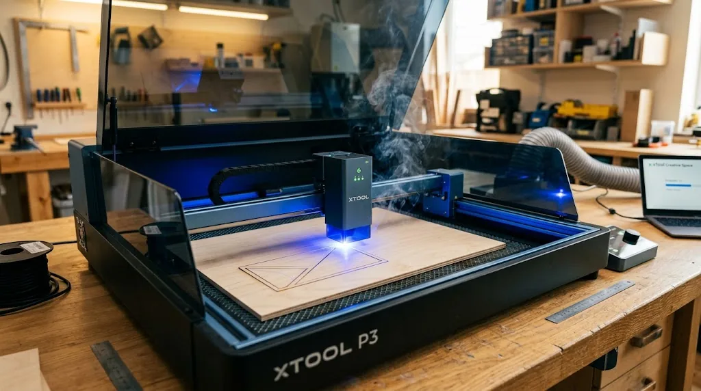 xTool P3 laser engraver cutting 3mm basswood sheet with white vapor and visible cut line