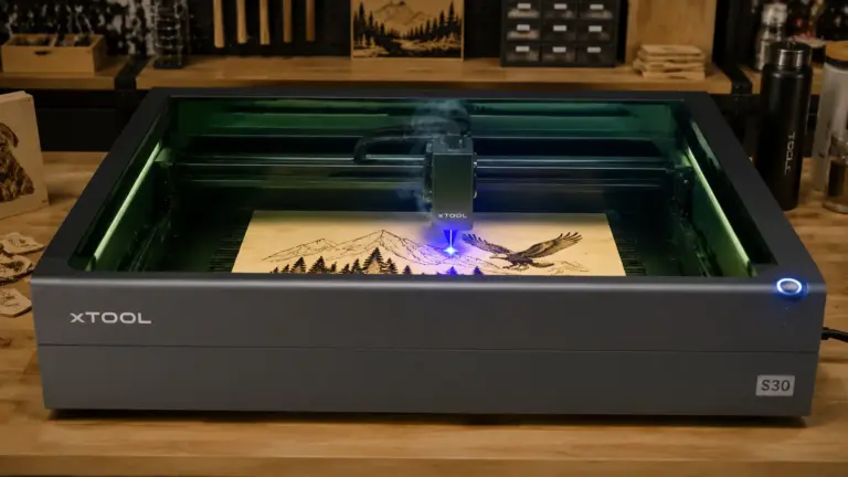 xTool S30 laser engraver cutting 3mm basswood sheet on workshop table