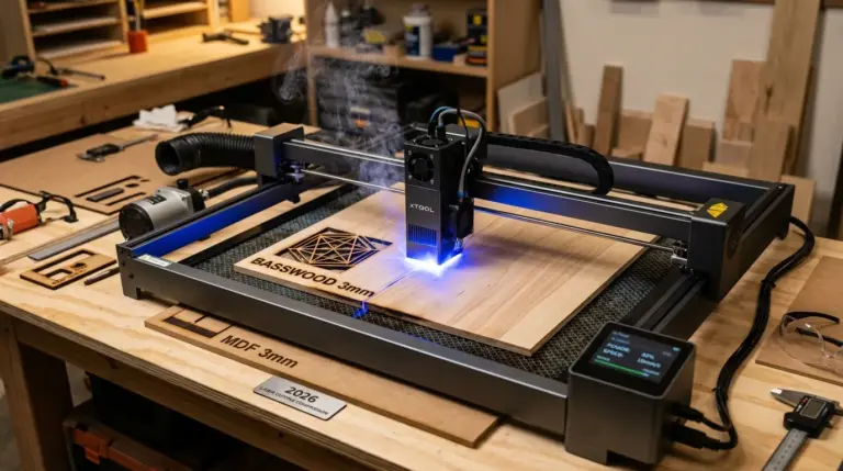 Laser engraver cutting 3mm basswood sheet with clean kerf result
