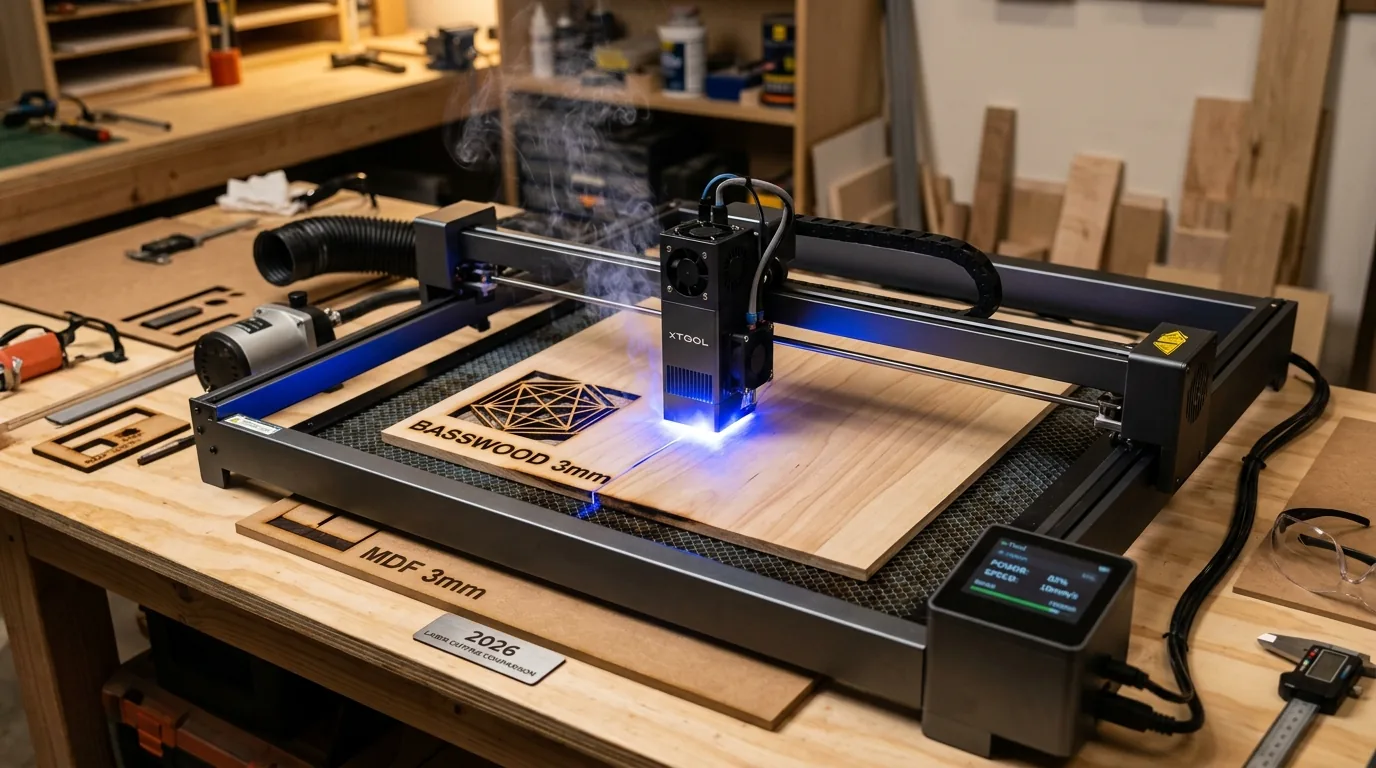 Laser engraver cutting 3mm basswood sheet with clean kerf result