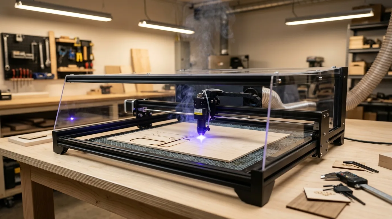 Laser engraver cutting 3mm basswood sheet, showing pale cream surface and clean kerf edges