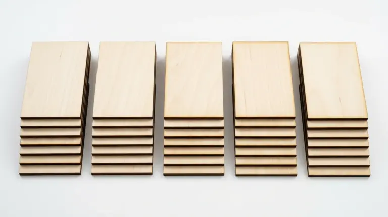 Five stacks of 3mm basswood sheets for laser cutting arranged side by side for brand comparison
