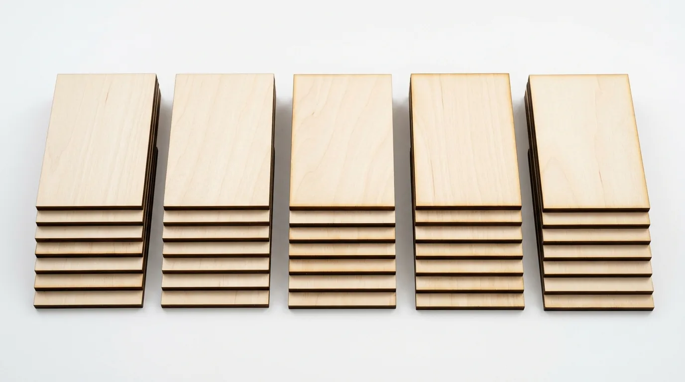 Five stacks of 3mm basswood sheets for laser cutting arranged side by side for brand comparison